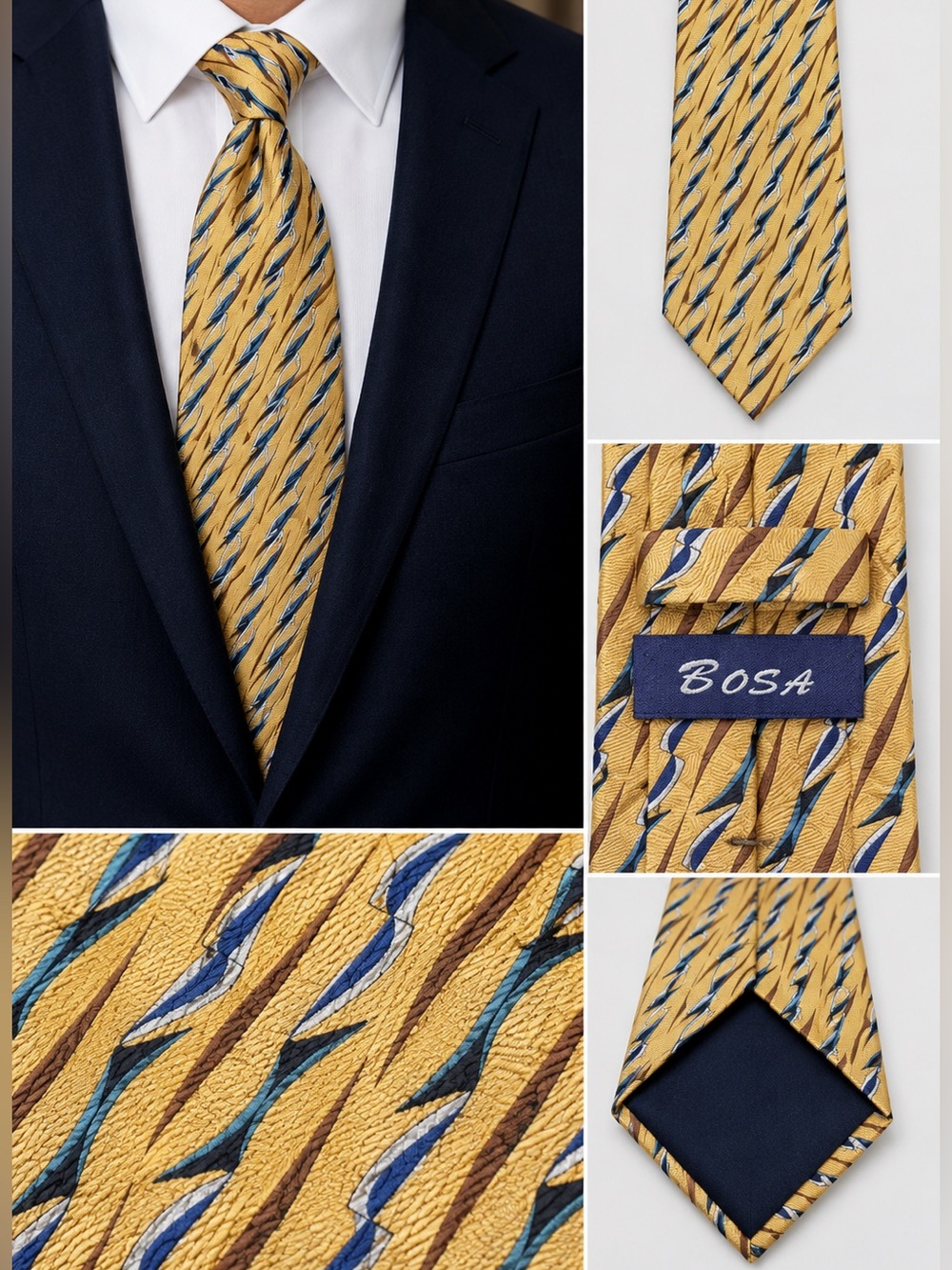 Elegant Blue and Yellow Silk Tie with Geometric Design